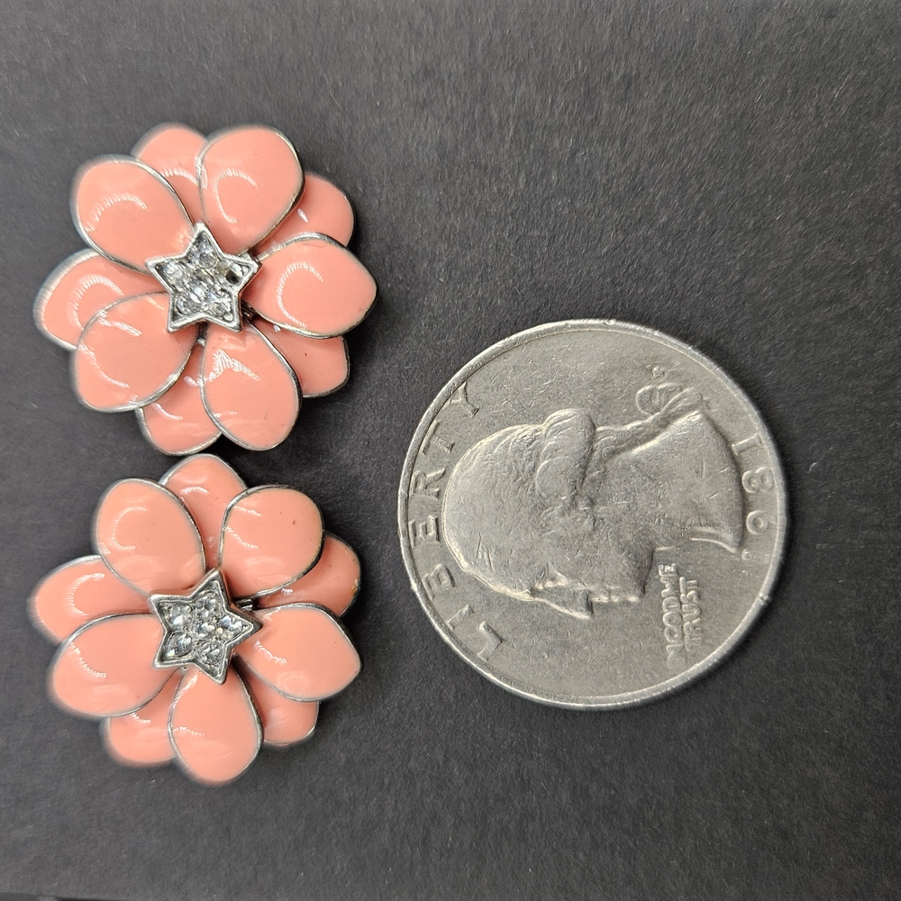 Pink Flower Earrings with Rhinestone Center